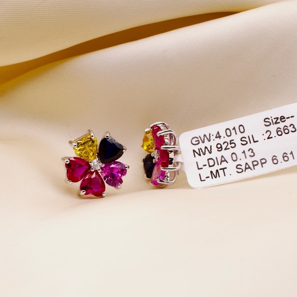925 Silver Geometric Multi-Color Earrings | 6.61 CT Lab Sapphire+0.13 CT Diamond - Picture 3 of 11